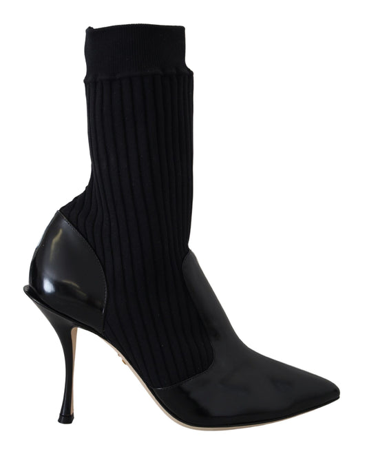 Elegant Black Leather Calf Socks Boots