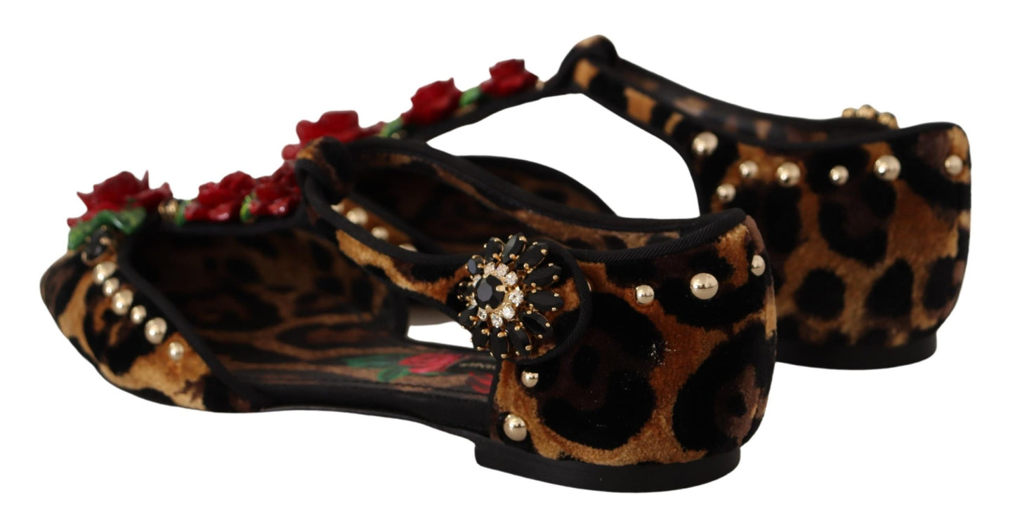 Floral Embellished Leopard T-Strap Sandals