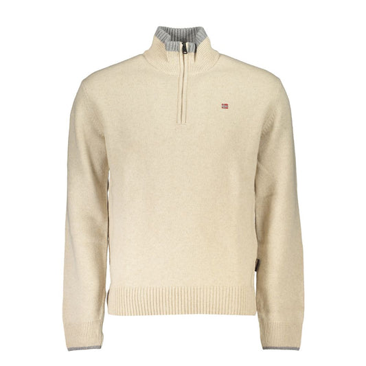 Chic Beige Half-Zip Sweater with Contrast Embroidery