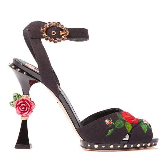 Elegant Black Calfskin Floral Sandals