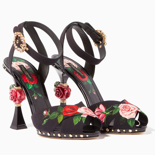 Elegant Black Calfskin Floral Sandals