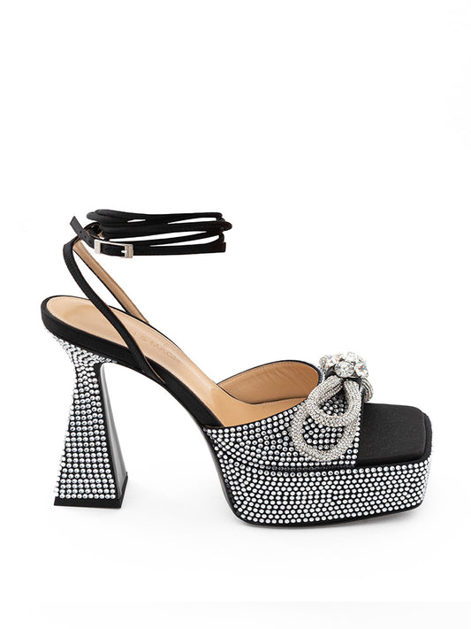 Crystal Bow Black Leather Sandals
