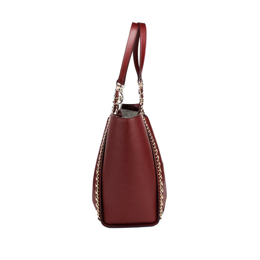 Mina Large Dark Cherry Leather Belted Chain Inlay Tote Bag
