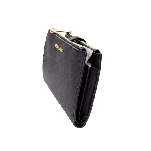 Jet Set Travel Black Leather Large Double Zip Wristlet Wallet