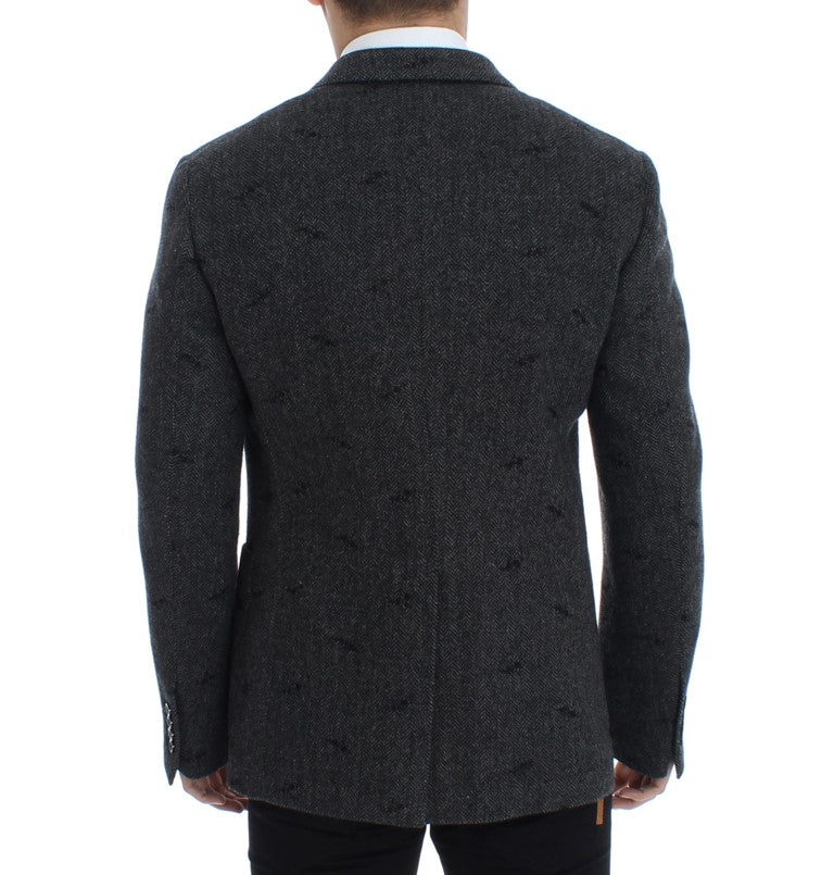 Embroidered Gray Wool Blend Blazer Jacket