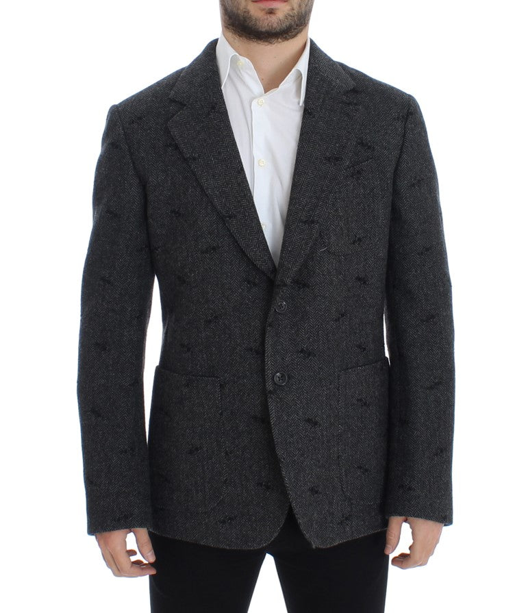 Embroidered Gray Wool Blend Blazer Jacket