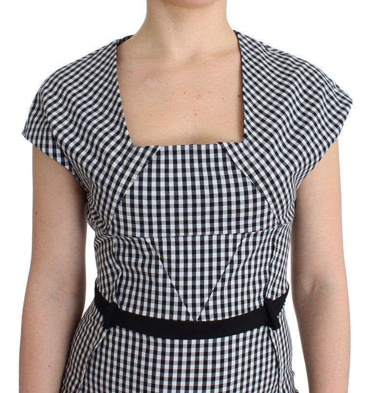 Black White Checkered Belted Sheath Dress