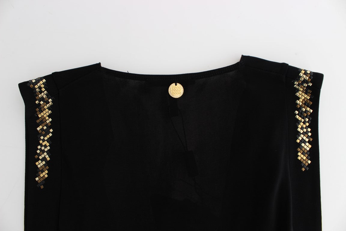Elegant Sleeveless Black Mini Dress with Gold Details