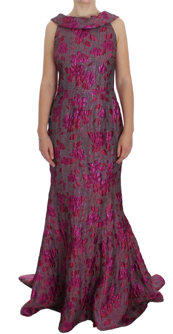 Pink Floral Brocade Sheath Gown Dress
