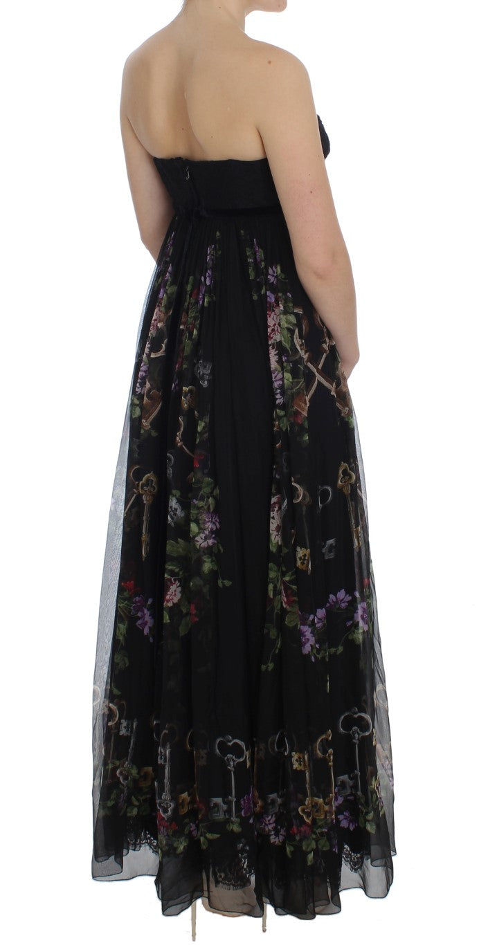 Multicolor Rose & Key Print Maxi Dress with Crystal