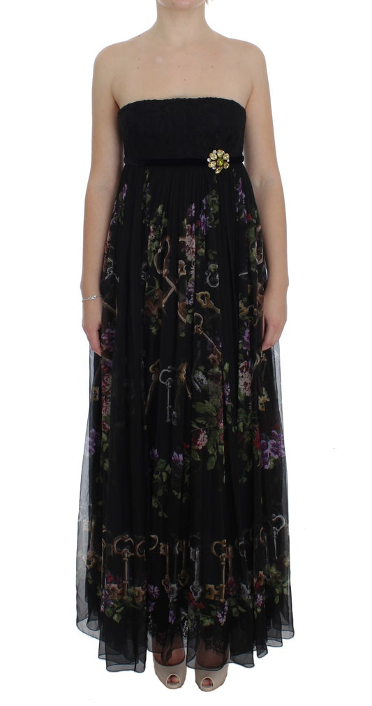 Multicolor Rose & Key Print Maxi Dress with Crystal