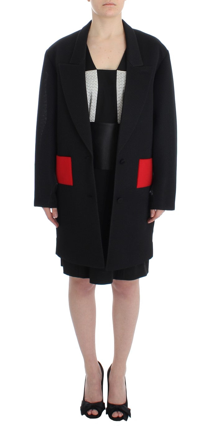Elegant Draped Long Coat in Black with Red Accents