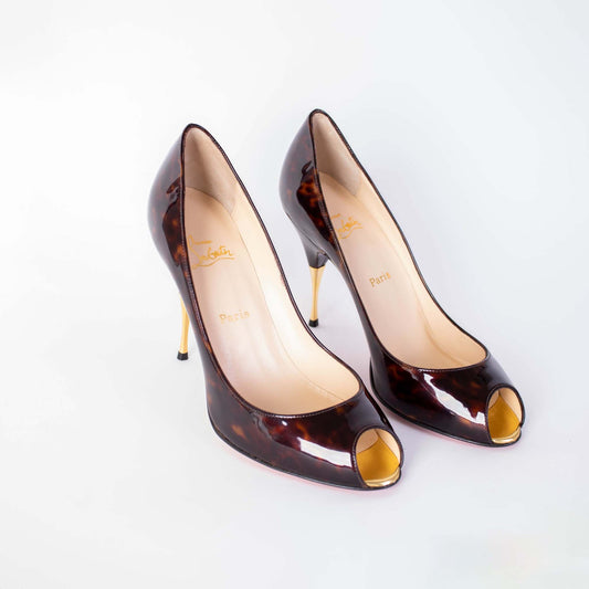 Marbled Print Patent Pumps with Golden Heel