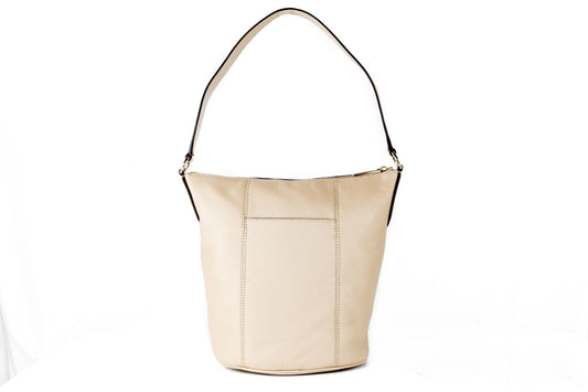Brooke Medium Pebbled Leather Bucket Messenger Crossbody Handbag (Bisque)
