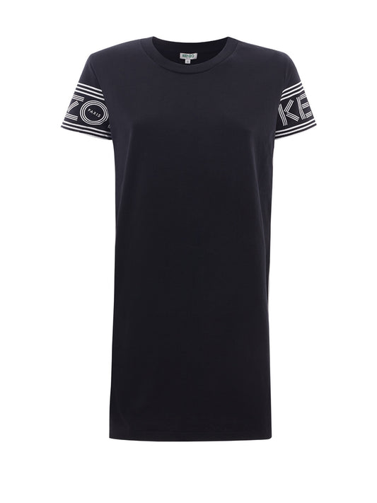 Black Cotton T-Shirt - Mini Dress with Logo on Sleeves