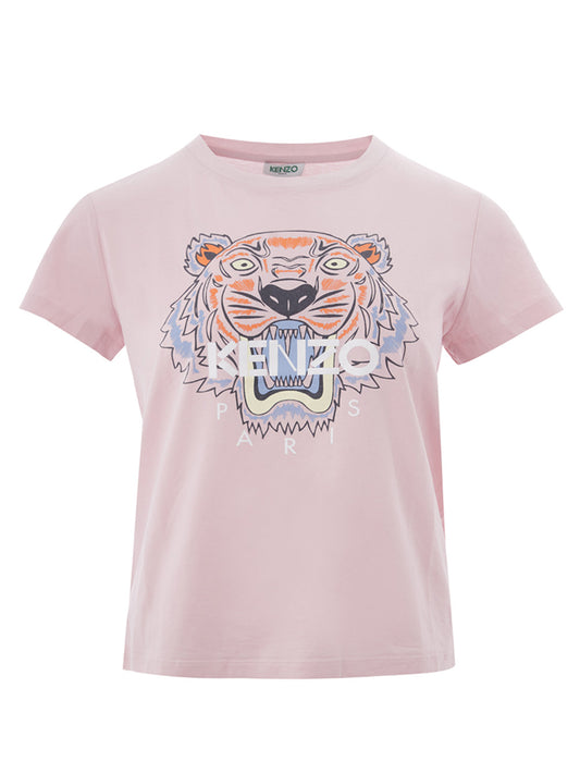 Pink Cotton T-Shirt with Printed Tiger