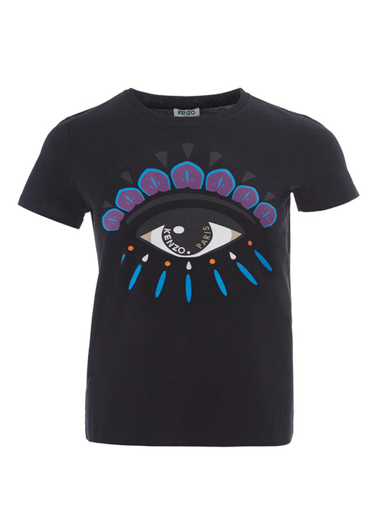 Black Cotton T-Shirt with Contrasting Eye Print on Front