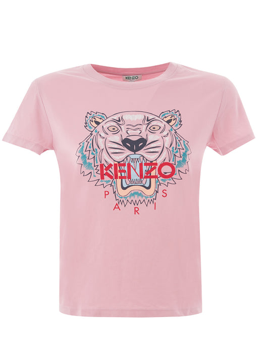 Pink Cotton T-Shirt with Contrasting Tiger Print
