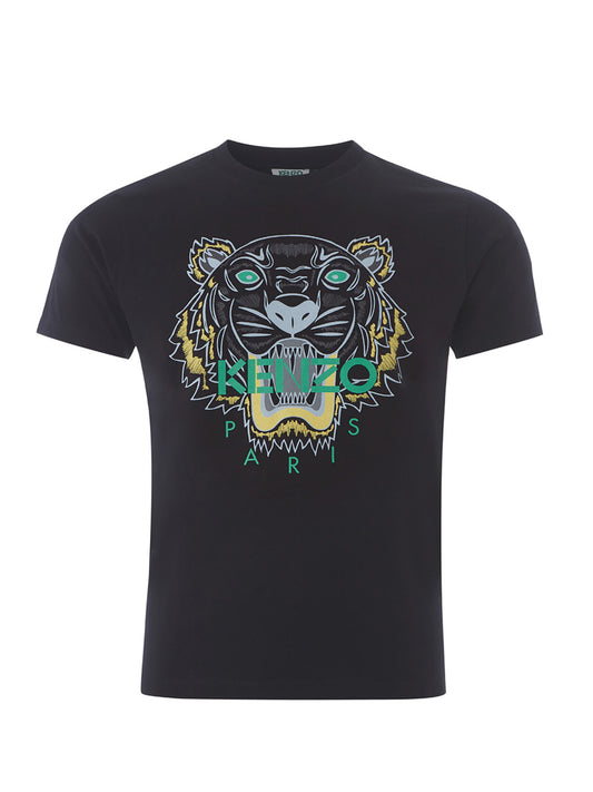 Black Cotton T-Shirt with Contrasting Green Tiger Print