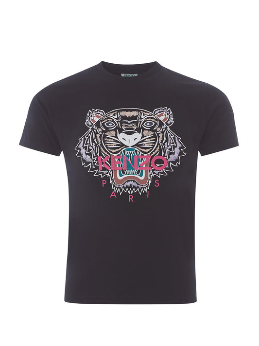 Black Cotton T-Shirt with Contrasting Pink Tiger Print