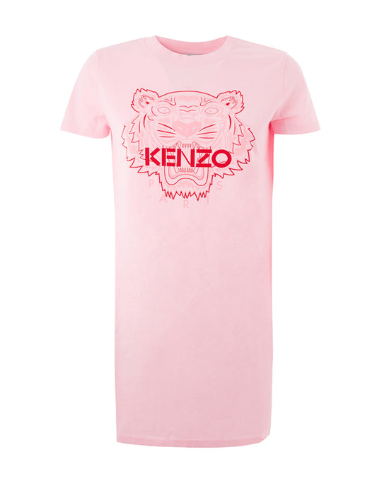 Pink Cotton T-Shirt-Mini Dress with Tiger Print