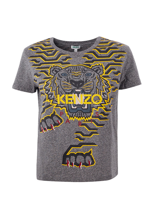 Chic Grey Cotton Tee with Iconic Tiger Emblem