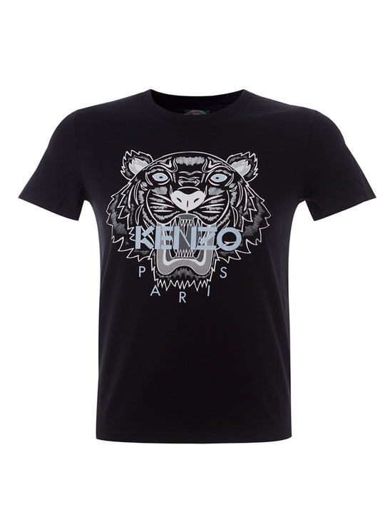 Black Cotton T-Shirt with Contrasting White Tiger Print