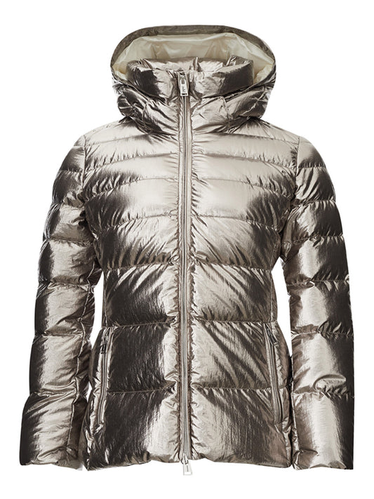 Elegant Silver Quilted Jacket with Detachable Hood