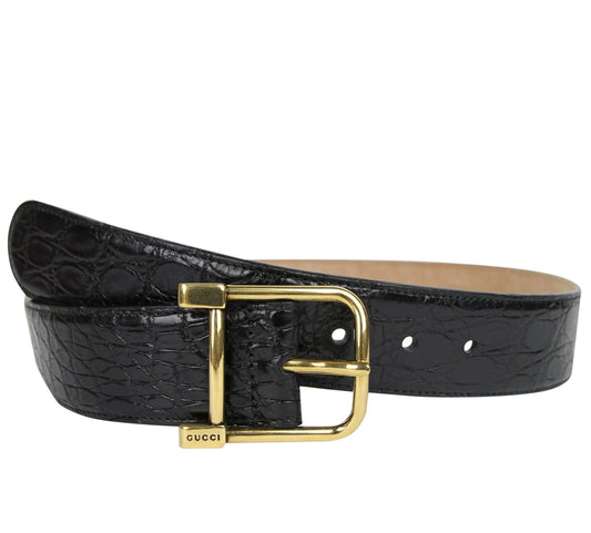 Gucci Women's Gold Square Buckle Black Crocodile Belt