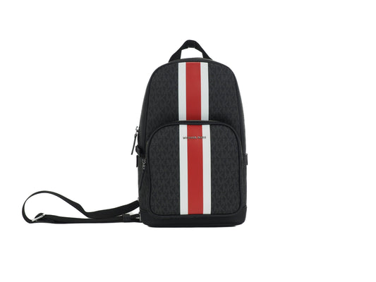 Cooper Medium Signature PVC Varsity Stripe Commuter Slingpack Crossbody Bag (Black Signature/Flame Red)