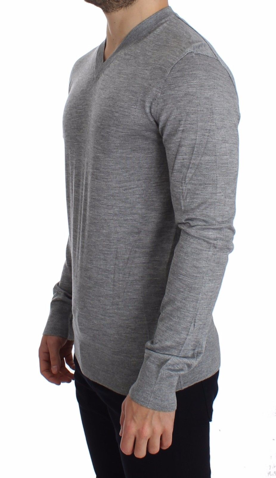 Elegant Gray Silk-Cashmere V-Neck Sweater