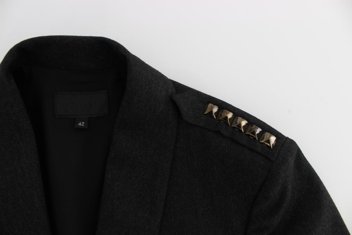 Elegant Gray Gold-Buttoned Blazer Jacket