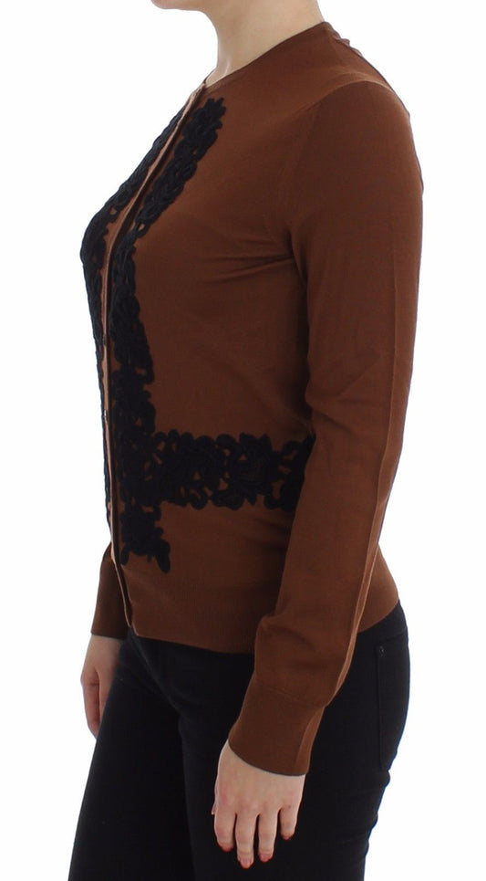 Elegant Lace-Trim Wool Cardigan Sweater