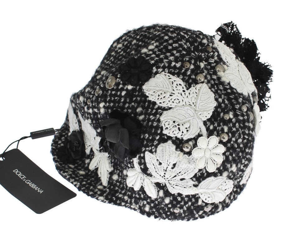 Gray Wool Floral Lace Studded Cloche Hat