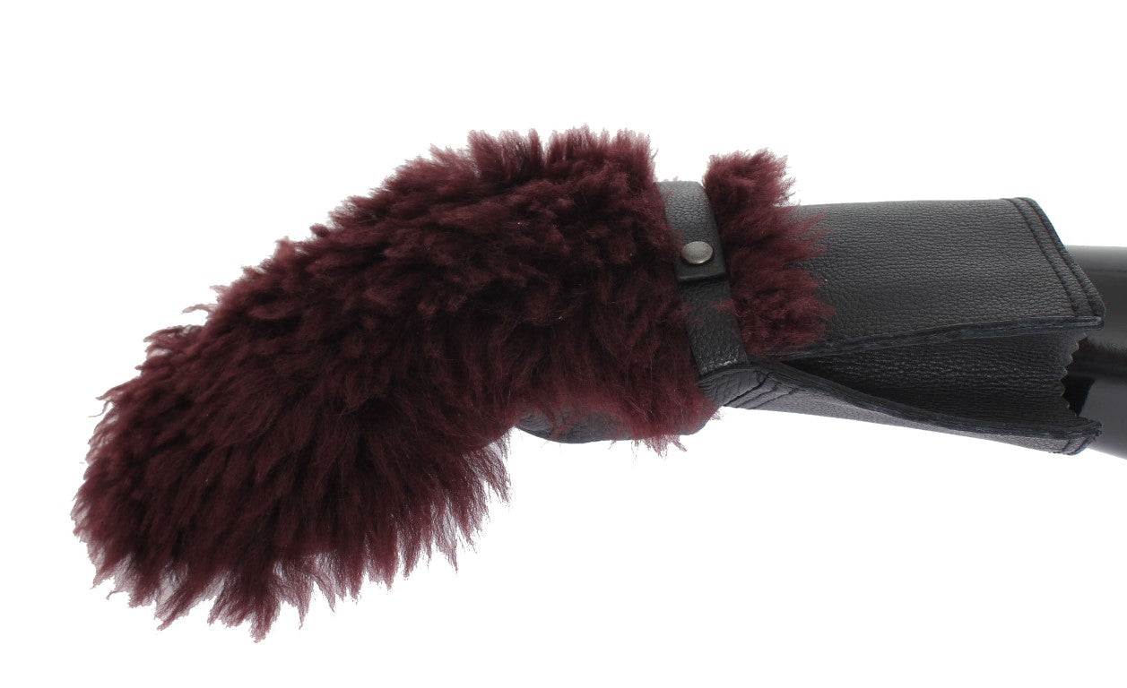 Black Leather Bordeaux Shearling Gloves