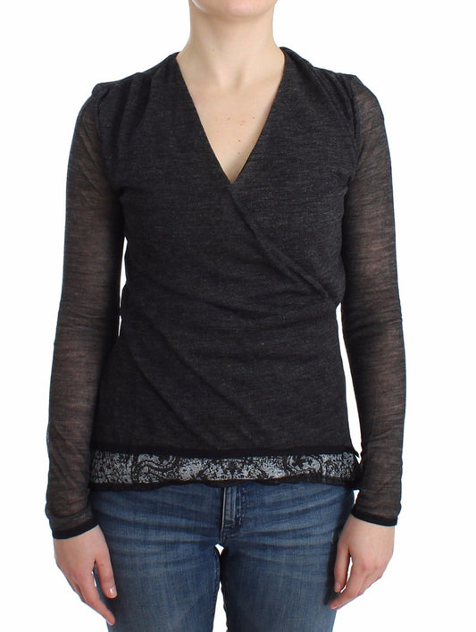 Chic Gray Deep V-Neck Wool Blend Sweater