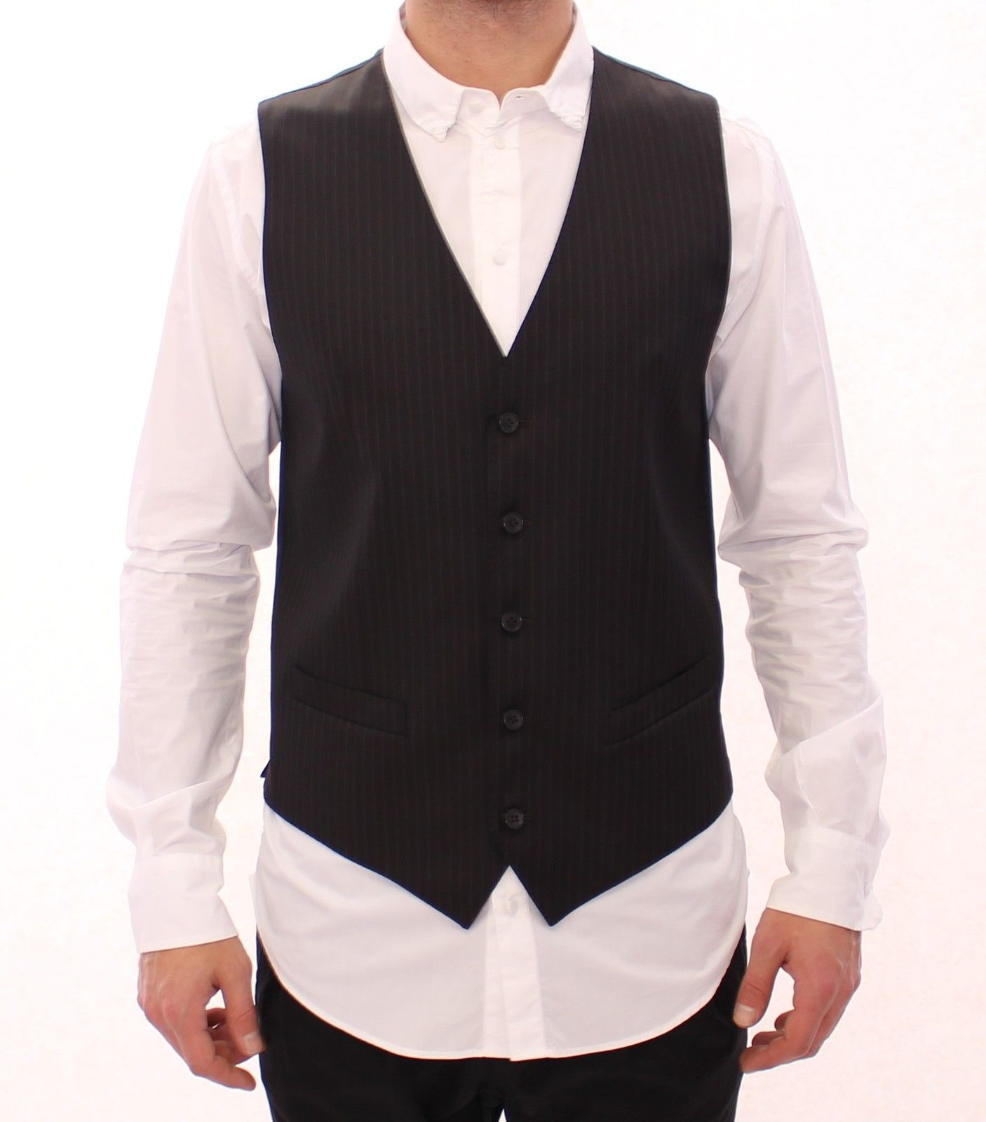 Elegant Black Striped Wool Dress Vest