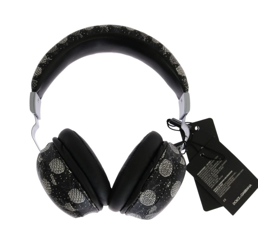 Black Pineapple Print Leather Headphones