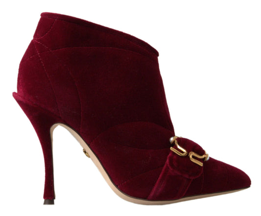 Burgundy Cotton Blend Velvet Ankle Boots Heel Shoes