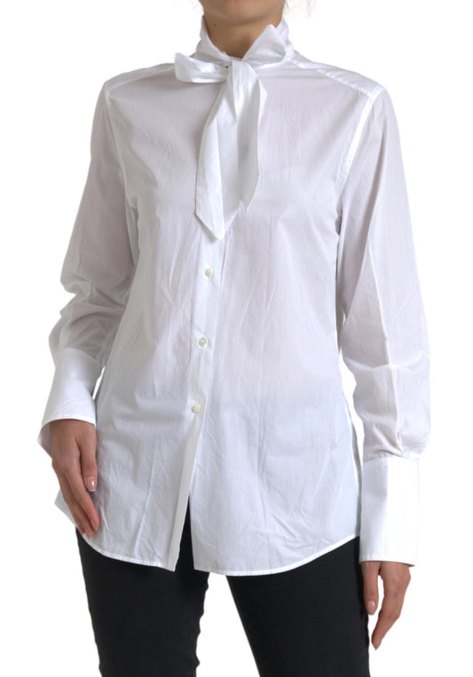 White Cotton Ascot Collar Long Sleeves Top