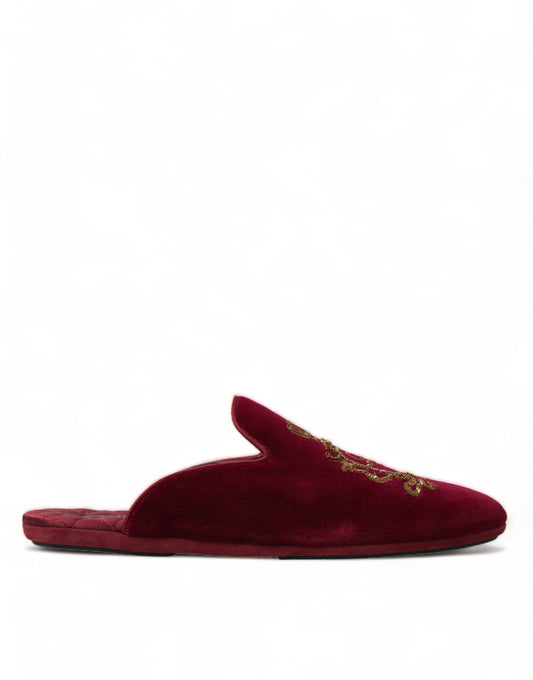 Bordeaux Velvet Gold Crown Embroidery Slides Shoes