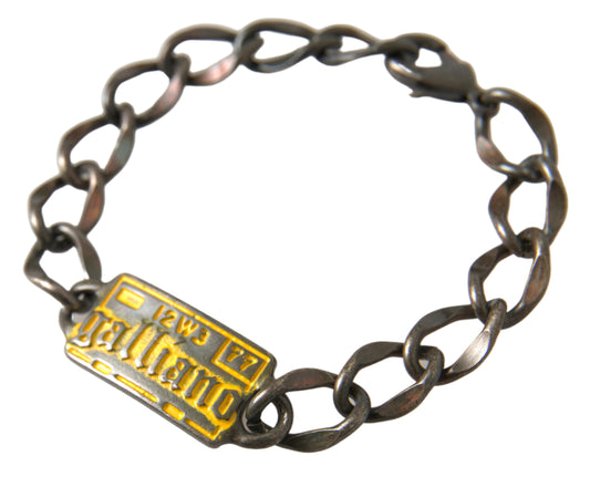 Silver Tone Brass Chain Logo Plaque Branded Antique Bracelet