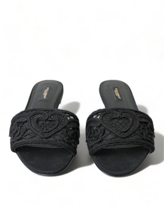 Elegant Black Heart Embroidery Slide Sandals