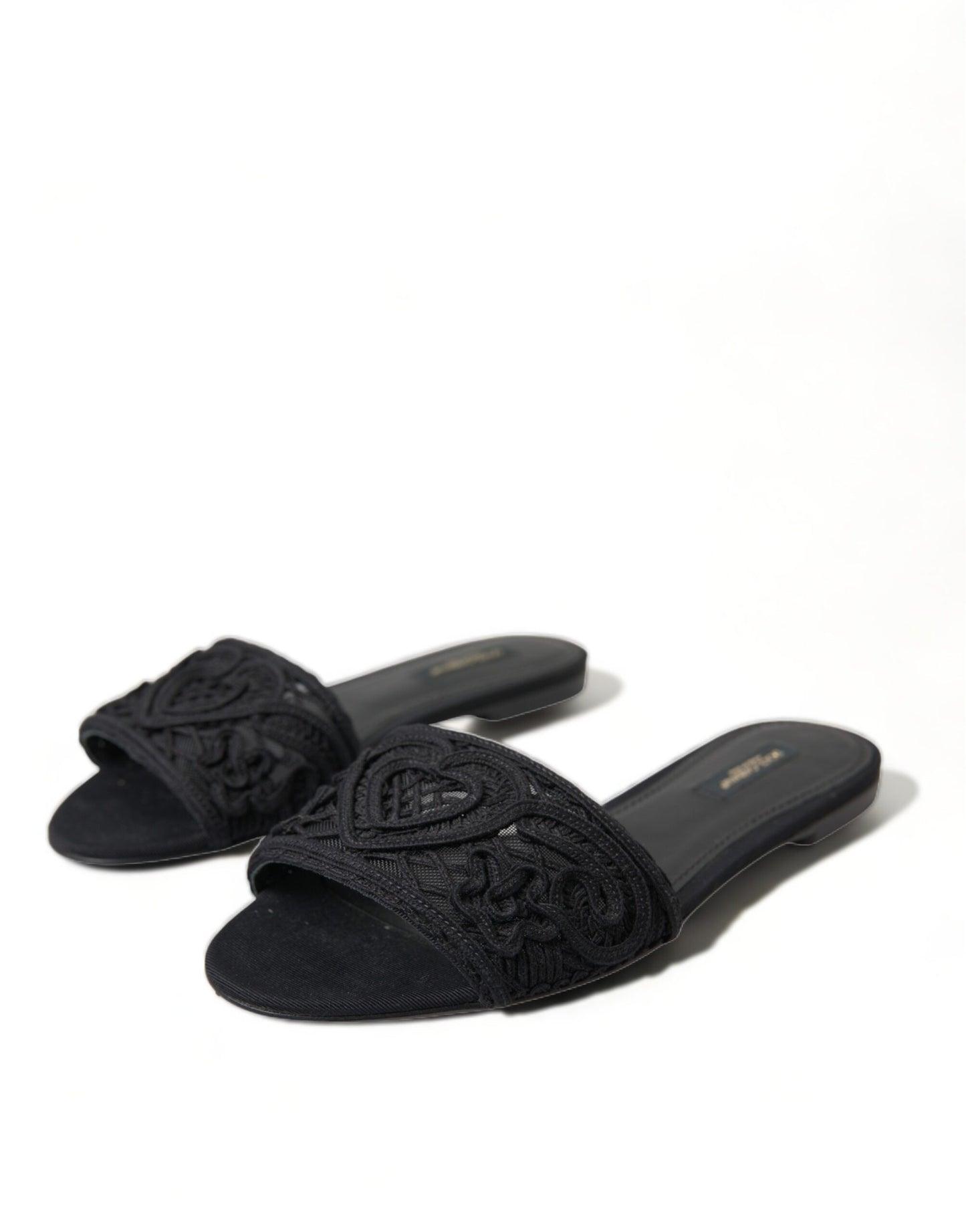 Elegant Black Heart Embroidery Slide Sandals