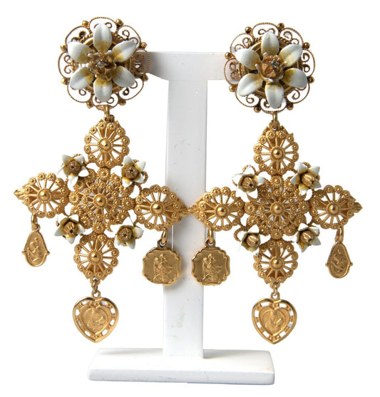 Gold Brass Sicily Cross Madonna Flower Clip On Earrings