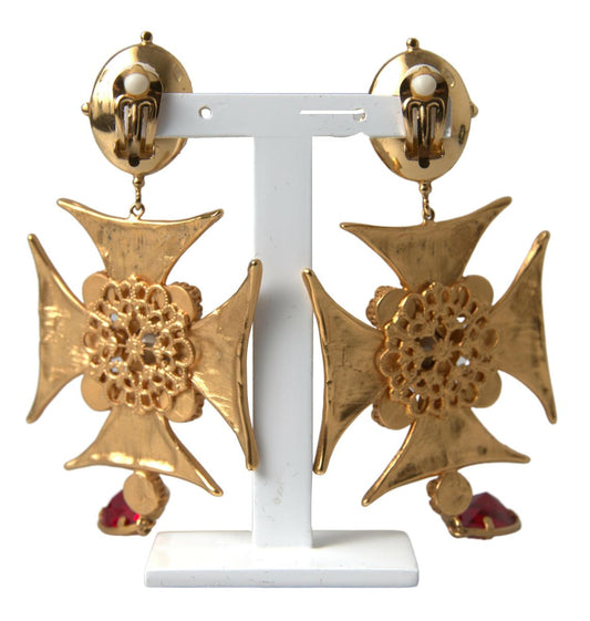 Gold Brass Maltese Cross Crystal Clip Dangling Earrings
