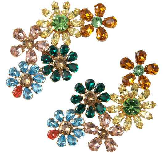 Gold Tone Brass Multicolor Floral Crystal Clip Earrings