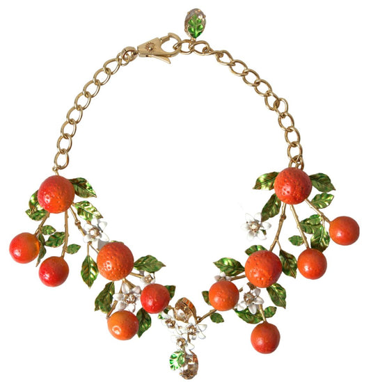Gold Brass Oranges Flowers Crystal Chain Link Necklace