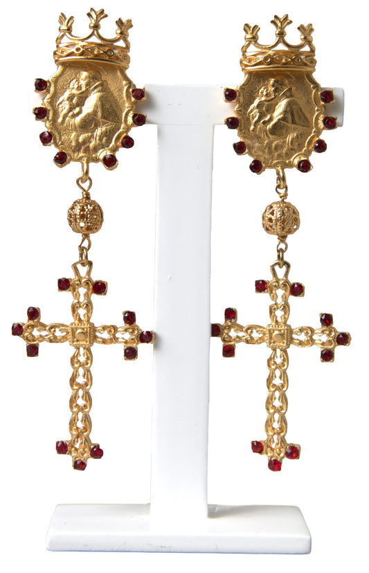 Regal Gold Cross & Crown Clip Earrings