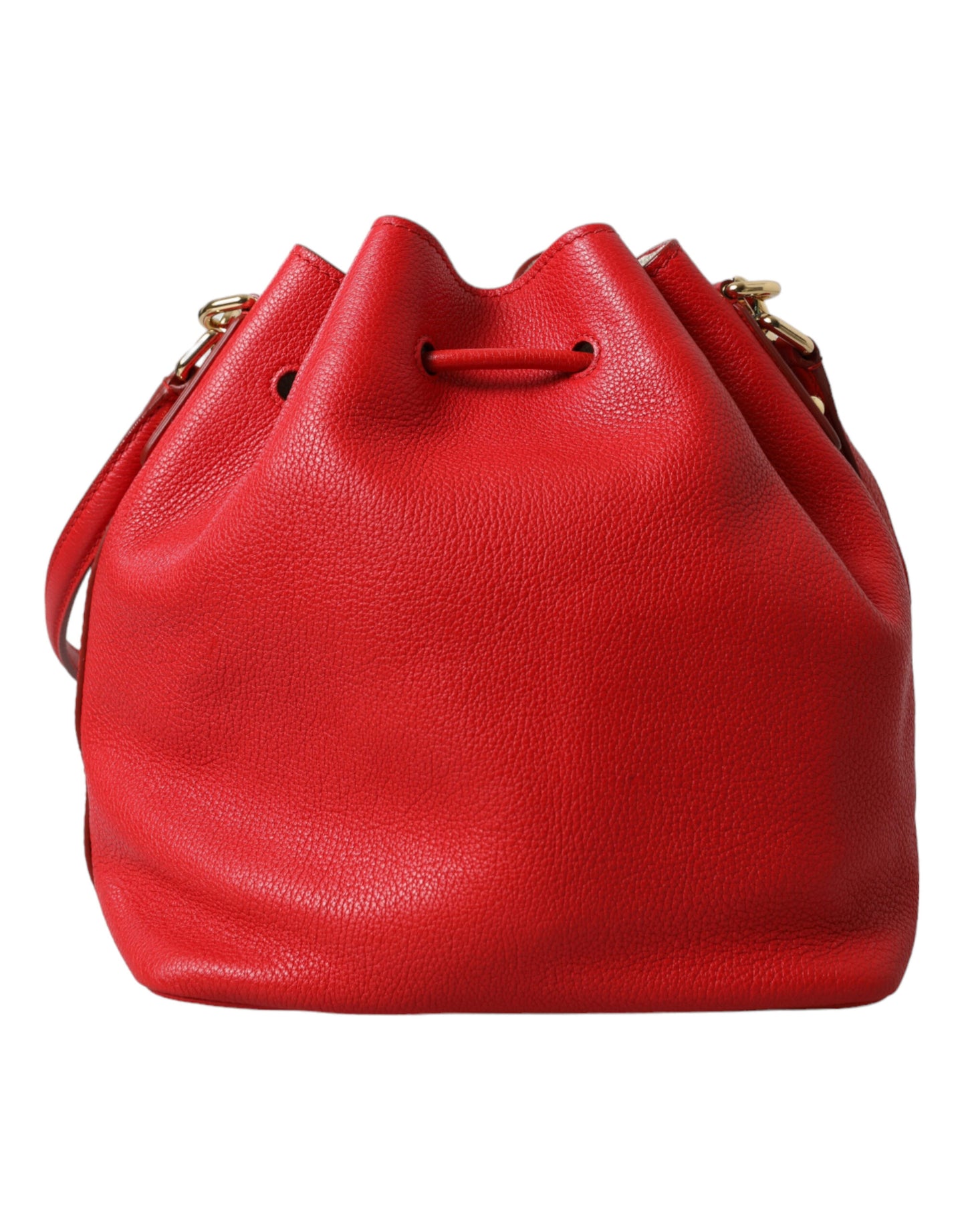 Elegant Red Leather Drawstring Bag with Gold Detailing